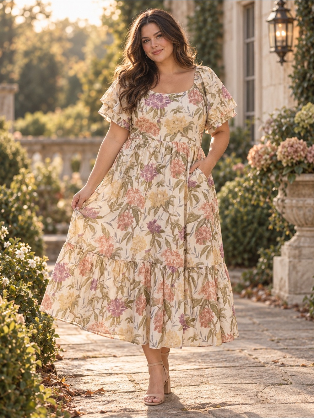 NWOT Orange Creek Elowen Cream Floral Cotton Tiered Midi Dress 2X With Pockets